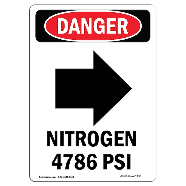 Safety Sign, OSHA Danger, 5" Height, Nitrogen 4786 PSI, Portrait, 10PK